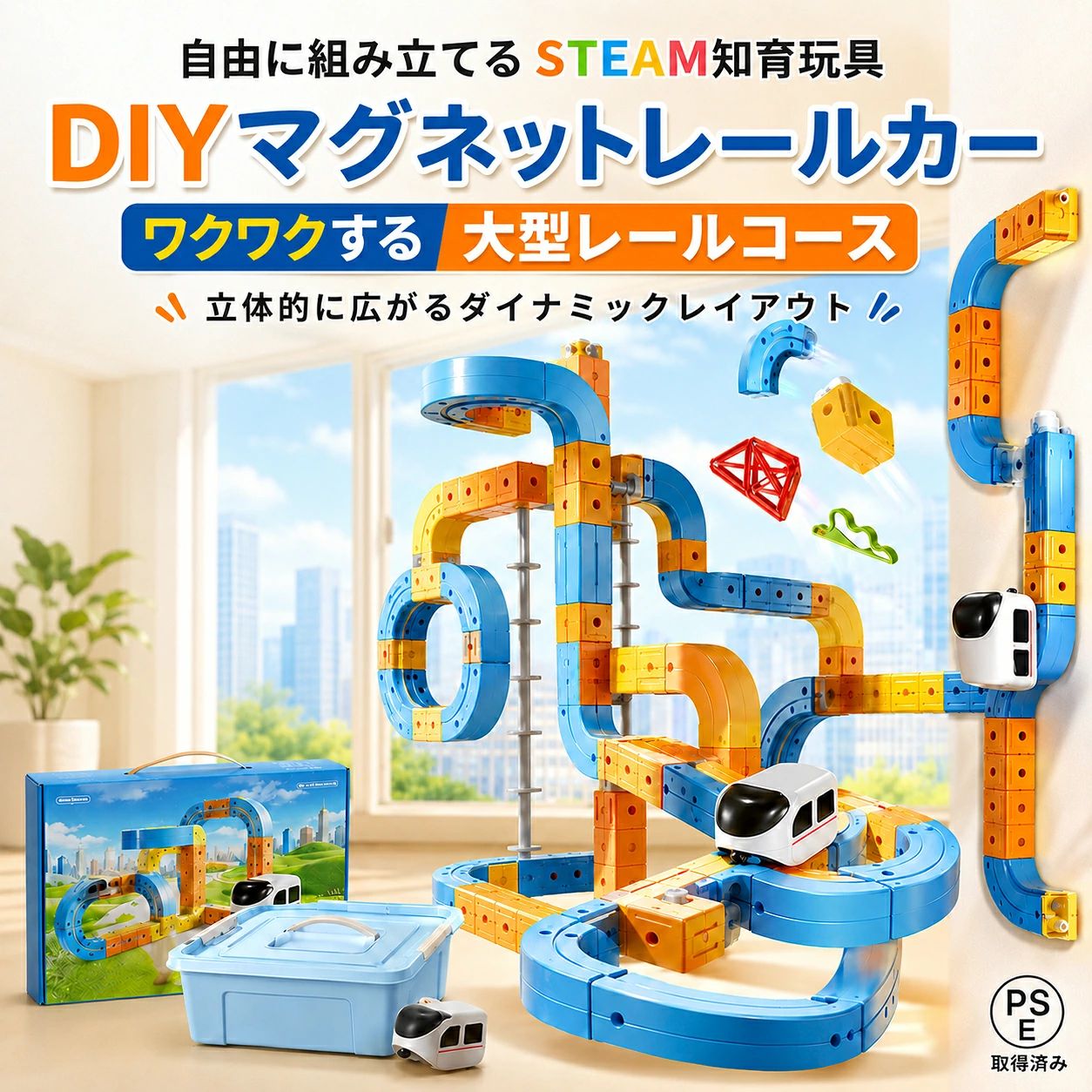 商品情報商品名DIYマグネットレールカー材質ABS＋電子部品対象年齢3歳以上使用シーンSTEAM知育 / 親子遊び / 室内遊び / 誕生日プレゼント / クリスマスギフト自由に作れるDIYレールカーレールやブロックを自由に組み合わせて、オリジナルコースを作れます。カーブ、坂道、ループ、ブリッジなど、発想しだいで遊び方が広がります。マグネット走行で立体コースも楽しめるマグネット吸着により、壁面やガラス面にもコースを広げられます。床だけではできない、立体的でダイナミックなレール遊びが楽しめます。100点以上パーツで遊び方いろいろ豊富なパーツで、毎回ちがうコースづくりにチャレンジできます。組み立てる、試す、直すという流れの中で、自然に考える力を育てます。USB充電式の電動レールカー基本セットにはレールカー1台付き。USB充電式なので、繰り返し遊べます。組み立てたコースを自動で走行し、遊びのワクワク感を高めます。収納ケース＆ボックス付き遊び終わった後はパーツをケースにまとめて収納できます。お片付けしやすく、持ち運びにも便利。誕生日やクリスマスのプレゼントにもおすすめです。関連キーワードDIYマグネットレールカー マグネットレールカー 電動レールカー レールカー 磁石 おもちゃ マグネット おもちゃ 磁気レールカー 立体レール レールトイ レールセット 知育玩具 STEAM玩具 STEM玩具 3歳 おもちゃ 4歳 おもちゃ 5歳 おもちゃ 男の子 おもちゃ 女の子 おもちゃ 親子遊び 室内遊び 組み立て おもちゃ DIY おもちゃ 創造力 空間認識 論理思考 集中力 USB充電式 収納ケース付き 誕生日プレゼント クリスマスプレゼント 入園祝い 入学祝い ギフト【送料無料】DIYマグネットレールカー 電動レールカー マグネット走行 レールカー 知育玩具 STEAM玩具 100点以上パーツ USB充電式 立体コース 壁面 ガラス 吸着 ねじ式固定 収納ケース付き 3歳以上 男の子 女の子 誕生日 プレゼント クリスマス ギフト 自由に組み立てて、走らせて、考える力を育てるDIYマグネットレールカー。壁面やガラスにもコースを広げられる、ワクワクのSTEAM知育玩具。 ——————————————————遊びながら創造力と考える力を育てる、DIYマグネットレールカーです。レールやブロック、支柱、接続パーツを自由に組み合わせて、平面コースから立体コースまで、さまざまなレイアウトを楽しめます。本製品はマグネット走行に対応した電動レールカー付き。カーブ、坂道、ループ、ブリッジ、交差コースなど、発想しだいで毎回ちがうコースを作れるのが魅力です。PDFにも、交差・円形・坂道・ブリッジなど複数の軌道パターンが掲載されています。壁面やガラス面にもコースを広げられるため、床だけでなく空間を使ったダイナミックなレール遊びが可能。マグネット吸着で、まるで反重力のような立体走行を楽しめます。PDFにも、壁面や高低差のあるコースで車両が走るイメージが掲載されています。100点以上のパーツ入りで、組み替えの幅が広がります。遊ぶたびにコースを変えられるので、飽きにくく、親子で一緒に考えながら楽しめます。PDFでも「100+配件」方向のパーツ量が紹介されています。レールカーはUSB充電式。基本セットにはレールカー1台が含まれ、組み立てたコースを自動で走行します。材質はABS＋電子部品、対象年齢は3歳以上です。収納ケースとボックス付きで、遊び終わった後のお片付けもしやすく、誕生日やクリスマス、入園・入学祝いなどのギフトにもおすすめです。——————————————————注意事項：※対象年齢は3歳以上です。※小さな部品が含まれます。誤飲防止のため、3歳未満のお子さまには与えないでください。※お子さまが遊ぶ際は、必ず保護者の方の目の届く場所でご使用ください。※壁面・ガラス面に取り付ける際は、取り付け面の汚れや水分を拭き取り、しっかり固定されていることを確認してください。※凹凸のある壁紙、ざらつきのある面、湿気の多い場所では吸着しにくい場合があります。※高い位置に取り付ける場合は、落下や破損にご注意ください。※レールカーはUSB充電式です。充電中は保護者の方が確認してください。※水に濡らしたり、濡れた手で充電端子に触れたりしないでください。※火気や高温になる場所の近くで使用・保管しないでください。※強い衝撃を与えたり、無理に引っ張ったりしないでください。破損の原因となる場合があります。※使用後はパーツを収納ケースに戻し、小さなお子さまの手の届かない場所に保管してください。※パーツの色・形状・仕様は入荷時期により変更となる場合があります。 5