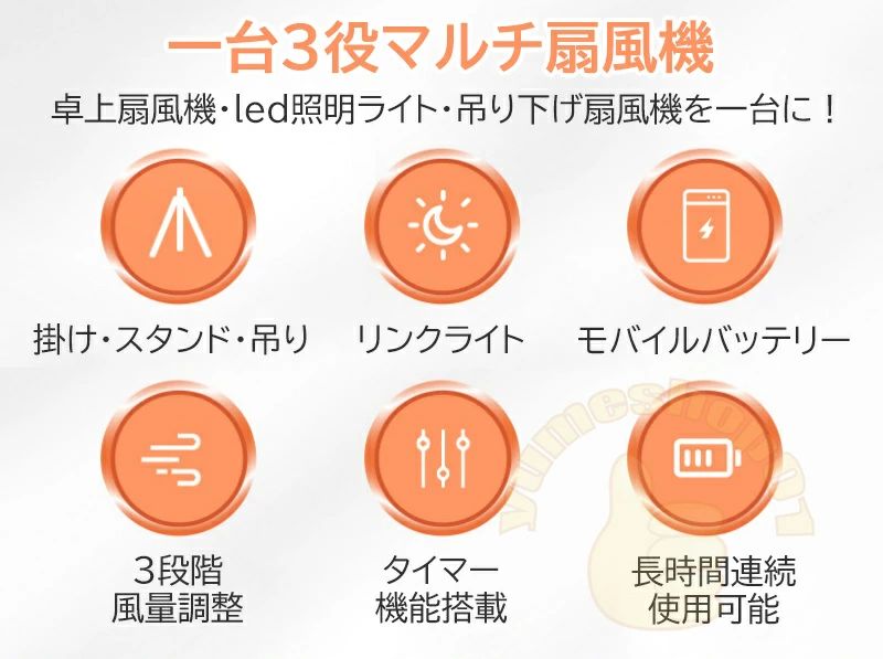 静音 明るさ3階段 ライト付き 風量3段階 10000mAh 天井ファン 天井扇 キャンプ用扇風機 吊り下げ扇風機 卓上扇風機 - 2