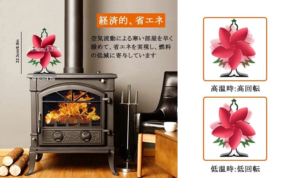 CW storeの暖炉ファン 石油/木材暖炉用の5ブレード熱供給式ストーブファン クリスマスツリーの形 【最新版】 送風機 小型 静音 エコ空気発電 環境にやさしい エコファン 薪ストーブ アクセサリー 暖房器具 防寒対策 秋冬キャンプ用 熱供給用品 暖房用 空気循環 クリスマス｜アングル3