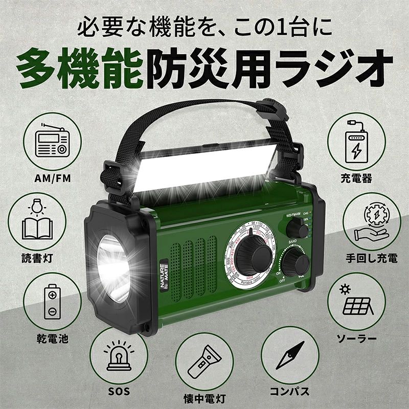 防災ラジオ 多機能 手回し ソーラー 電池式 ライト 多機能 ポータブル 懐中電灯 読書灯 コンパス 緊急電源 スマホ充電 SOS キャンプ 充電器 LEDライト USB充電 充電器 携帯ラジオ 地震/台風/停電対策 災害用 日本語説明書 cwstore-10044293 CW store サンプル画像3