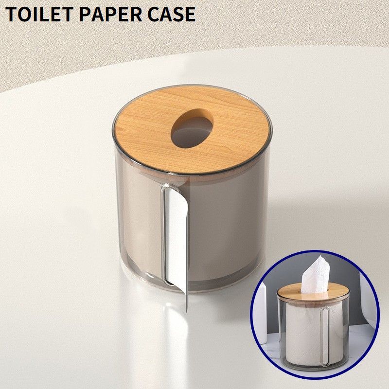 Holder - インテリア ロールペーパーホルダー カバー 収納 透明 卓上 ティッシュケース トイレットペーパーケース ボックス 木製蓋付き