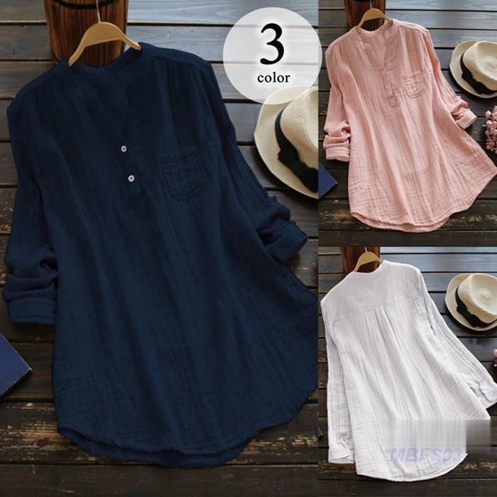 乐天商城 - ナチュラル ブラウス トップス 秋服 無地 ゆったり ロングシャツ レディース 長袖 新作 体型カバー チュニック Vネック