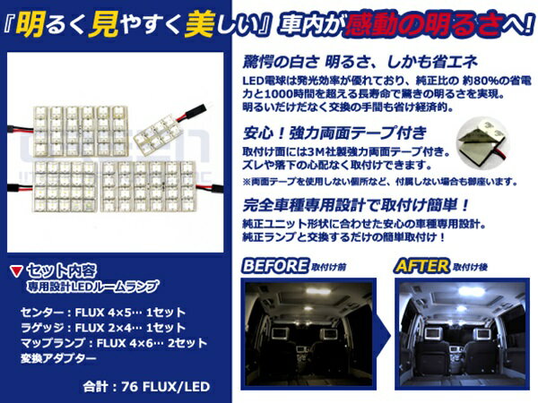 メール便送料無料 車内用 ルームランプLED ラッシュ/Rush J210E H18～ 76発/4P トヨタ【FLUX 室内灯 電球 ホワイト 白 ルームランプセット ルーム球 カーアクセサリー 取付簡単 トランク ラゲッジ にも】 3