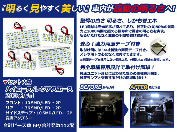 メール便送料無料 車内用 ルームランプLED ハイエース 200系 112発【トヨタ SMD 室内灯 ホワイト 白 ルームランプセット ルーム球 電球 LED球 純正交換式 車内灯 車内ライト 室内灯 内装 カーアクセサリー カーパーツ】