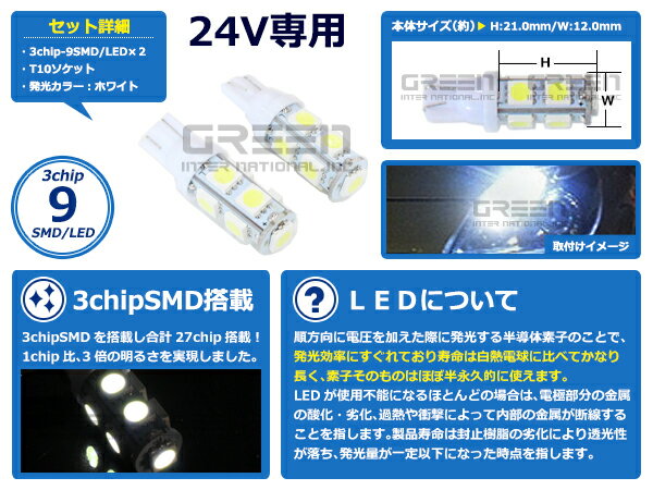 メール便送料無料 LEDライト T10 9連 ホワイト 白 24V LED球 LEDライト トラック バス デコトラ ダンプ カラーバルブ ウェッジ球 電球 ポジション球 スモール ウインカー バックランプ カーテシ ナンバー灯 ドレスアップ イルミネーション HIDフルキット 等多数取扱有