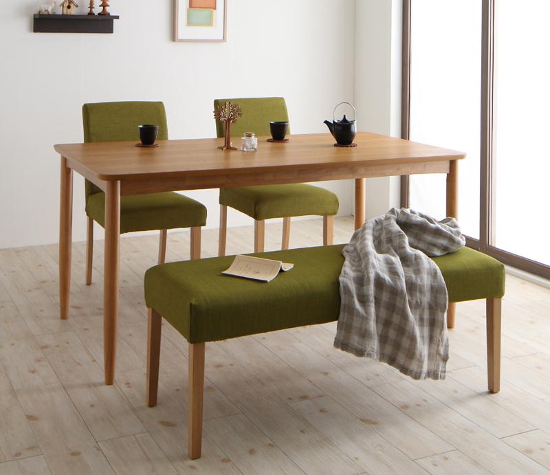 ダイニングセット 4点セットB(テーブルW150+チェア×2+ベンチ×1)【Wash】ベンチカラー：グリーン チェアカラー：アイボリー おうちの洗濯機でラクラク洗える！ カバーリングダイニング【Wash】ウォッシュ【代引不可】