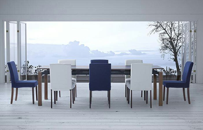 ダイニングセット 9点セット(テーブル+チェア8脚) テーブルカラー：ウォールナットブラウン チェアカラー：ネイビー×アイボリー 天然木ウォールナット材 デザイン伸縮ダイニングセット WALSTER ウォルスター【代引不可】