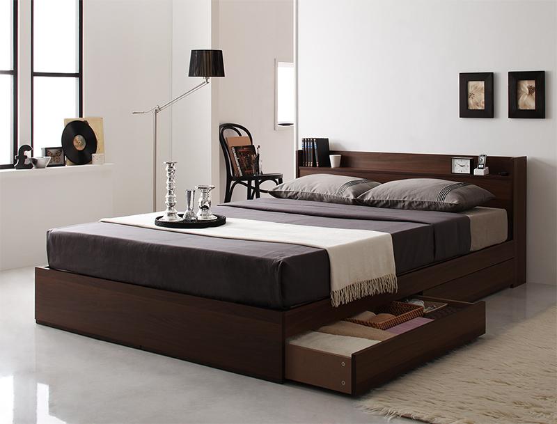 収納ベッド セミダブル【Ever】【ポケットコイルマットレス:ハード付き】 ダークブラウン コンセント付き収納ベッド【Ever】エヴァー