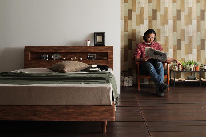 すのこベッド シングル【Jack Timber】【ポケットコイルマットレス:ハード付き】 シャビーブラウン 棚・コンセント付きユーズドデザインすのこベッド【Jack Timber】ジャック・ティンバー【代引不可】