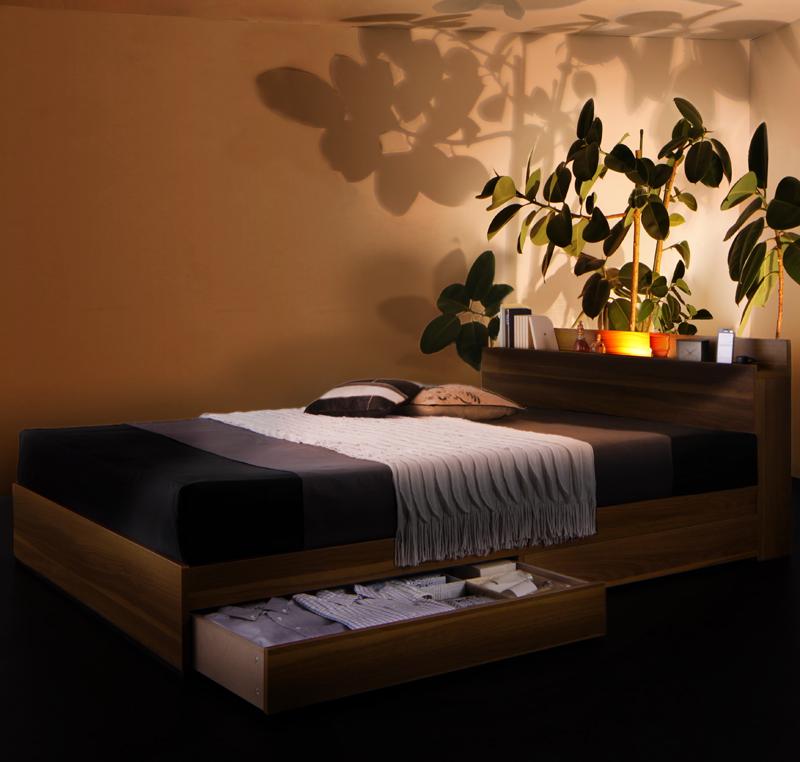 収納ベッド シングル【Crest fort】【ポケットコイルマットレス：レギュラー付き】フレーム：ウォルナットブラウン マットレス：ブラック モダンライト・コンセント付き収納ベッド【Crest fort】クレストフォート