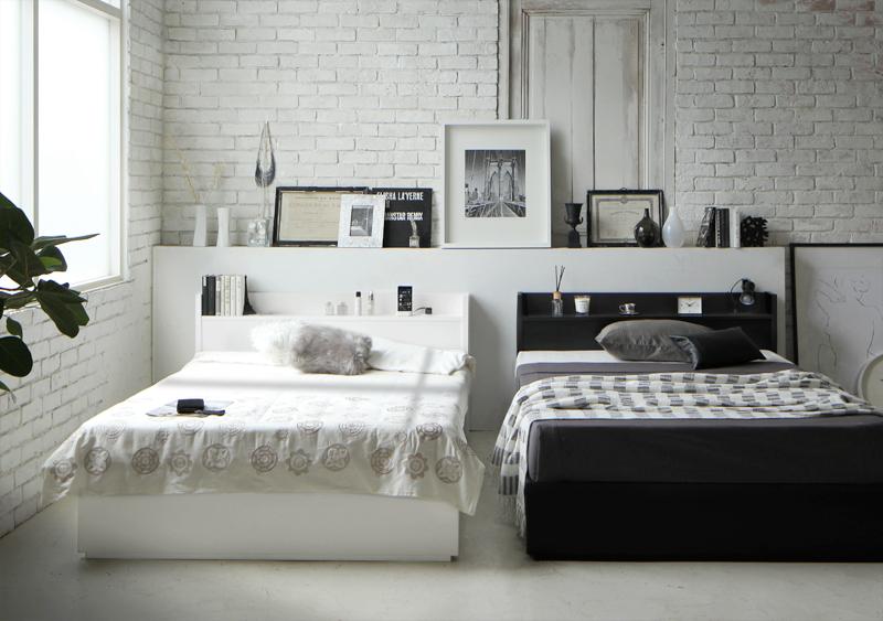 "すのこベッド ダブル【Fort spade】【国産ポケットコイルマットレス付き】ブラック 棚・コンセント付き収納すのこベッド【Fort spade】フォートスペイド"""