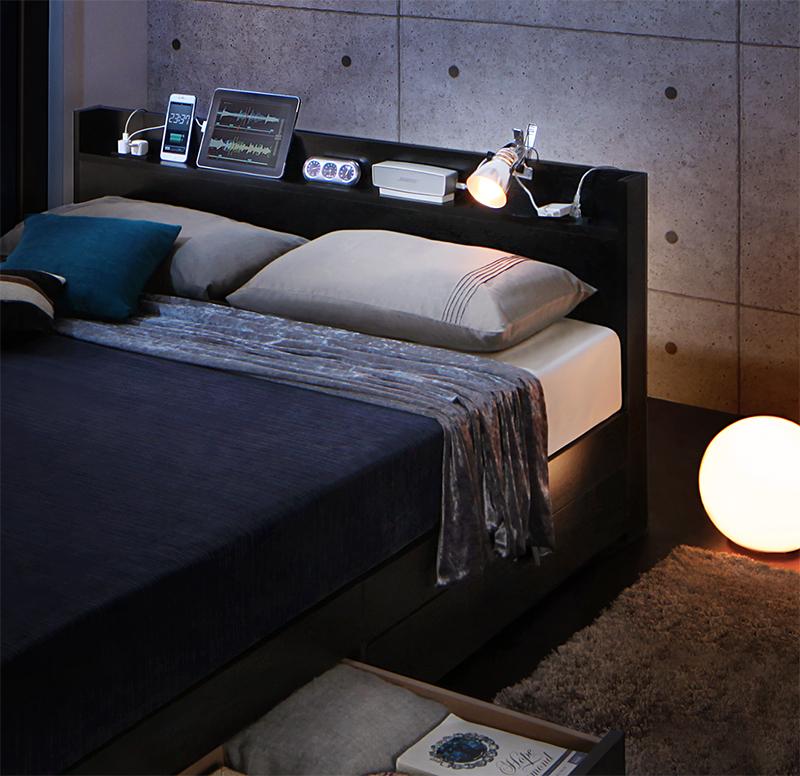 収納ベッド セミダブル【Splend】【ボンネルコイルマットレス：レギュラー付き】フレームカラー：ブラック マットレスカラー：ブラック スリム棚・多コンセント付き・収納ベッド【Splend】スプレンド