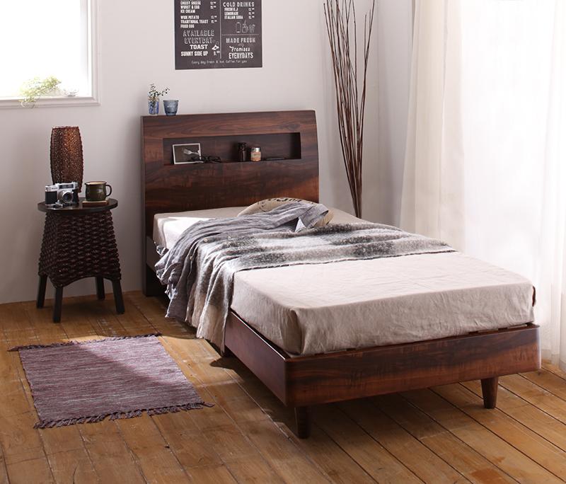 すのこベッド シングル【Rachel】【ポケットコイルマットレス：ハード付き】フレームカラー：シャビーブラウン 棚・コンセント付きデザインすのこベッド【Rachel】レイチェル【代引不可】