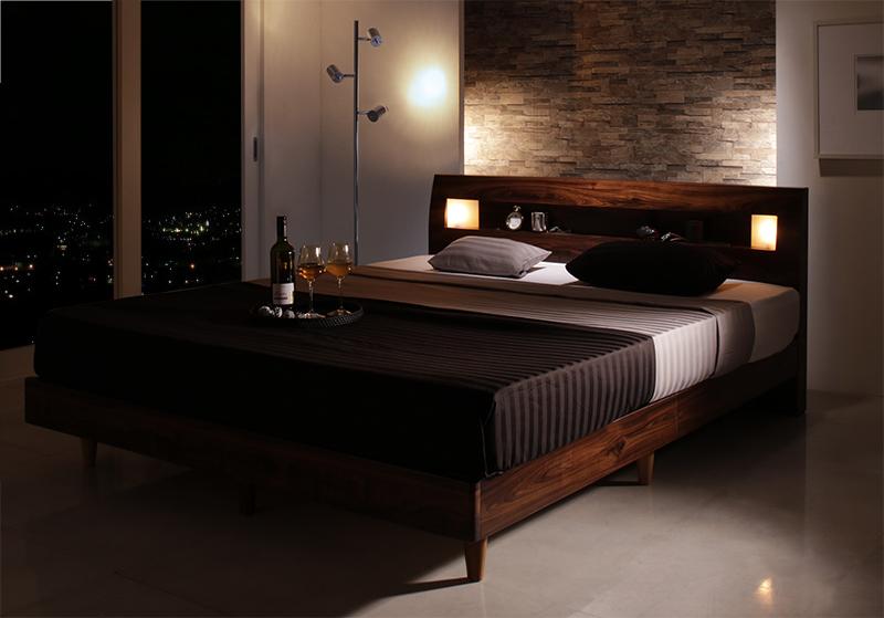 すのこベッド ダブル【ポケットコイルマットレス：ハード付き】フレームカラー：ブラック モダンライト・コンセント付きすのこベッド Eleonora エレオノーラ【代引不可】