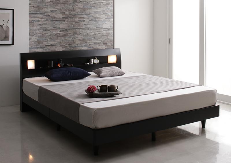 すのこベッド ダブル【マルチラススーパースプリングマットレス付き】フレームカラー：ブラック モダンライト・コンセント付きすのこベッド Eleonora エレオノーラ【代引不可】