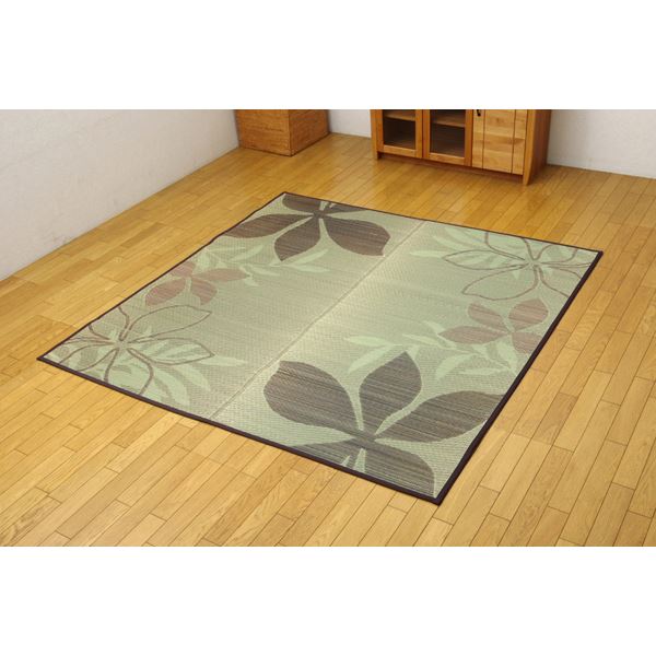 い草 ラグマット/絨毯 【リーフ柄 ブラウン 約191×191cm】 正方形 防滑加工 抗菌防臭 調湿 消臭 〔リビング〕【代引不可】