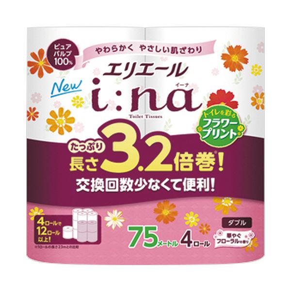 大王製紙 エリエールi：na（イーナ）トイレットティシュー 3.2倍巻 フラワープリント ダブル 芯あり 75m 1セット（64ロール：4ロール×16パック）