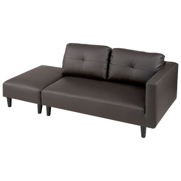 カジュアル カウチソファ ブラウンレザー調 オットマン付 肘付き 2人掛け フロアソファ ローソファ