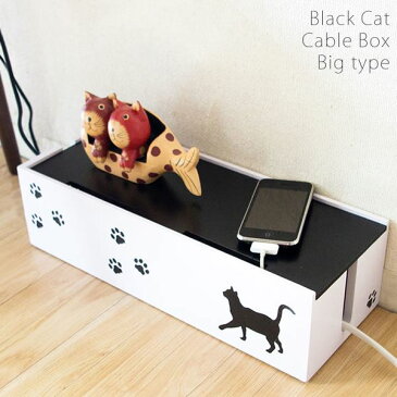 【ポイント10倍】猫のケーブルボックス(コード収納/ケーブル収納) 大 幅40cm 黒猫(ねこ)柄 保護クッション付き 【完成品】