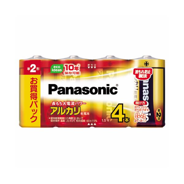 （まとめ）パナソニック アルカリ乾電池 単2形LR14XJ/4SW 1パック(4本)【×10セット】