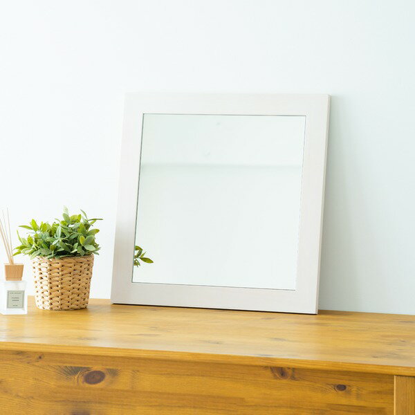 幅広枠正方形ウォールミラー(50)(ホワイト/白) 天然木 姿見鏡 ワイド 高級感 木製 飛散防止加工 壁掛け 北欧風 ヴィンテージ 韓国インテリア 玄関 トイレ 洗面 日本製 完成品 NK-31