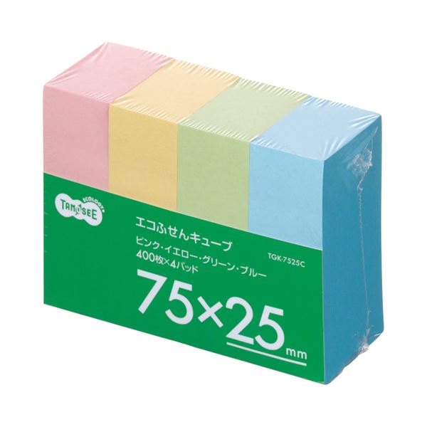 (まとめ) TANOSEE エコふせん キューブ 75×25mm 4色 1パック（4冊） 【×30セット】