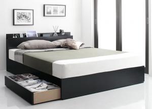 スリム棚・4口コンセント付き収納ベッド スタンダードボンネルコイルマットレス付き セミダブル