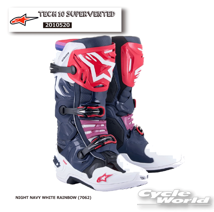 ☆正規品【ALPINESTARS】TECH 10 SUPERVENTED BOOTS 《2010520》 NIGHT NAVY WHITE RAINBOW (7062)　 テック10　スーパーベント　ブーツ　アルパインスターズ　モトクロス オフロードブーツ　オフロード　イタリア取り寄せ【バイク用品】