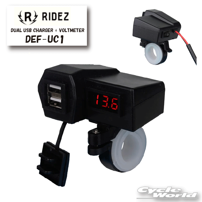 ☆正規品【RIDEZ】DEF DUAL USB CHARGER + VOLTMETER DEF-UC1　　 USBポート　USB充電　12V専用　電圧計　ツーリング 　ライズ【バイク用品】