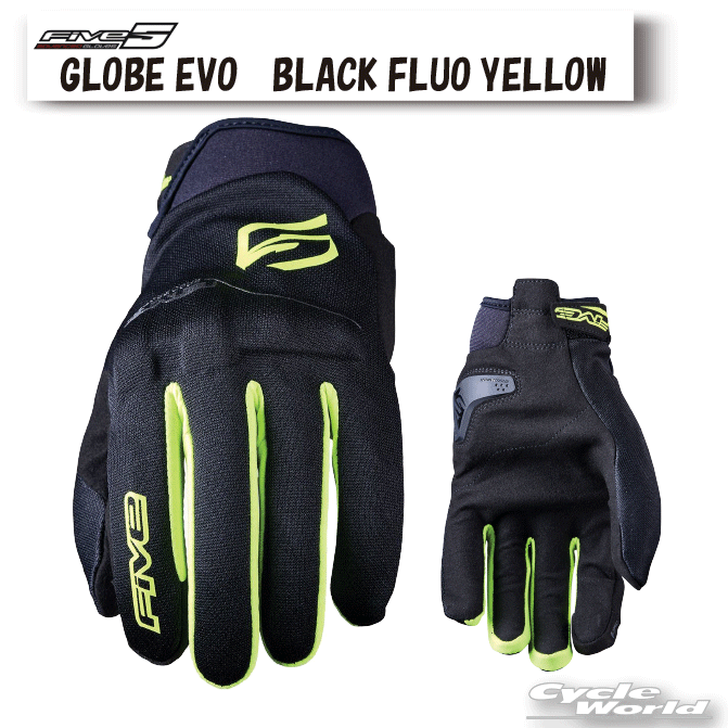 ☆*正規品【Five】GLOBE EVO《BLACK FLUO YELLOW》ツーリンググローブ　メッシュ　ストリート　街乗り　スマホ対応　スマホタッチ　プロテクター　グローブエボ　メンズ　ファイブ　FIVE【バイク用品】