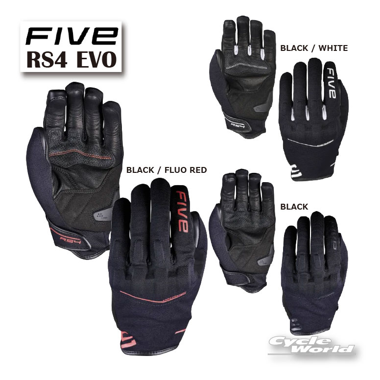 ◆快適性とプロテクションと多用途性すべてをこの一双に《RS4 EVO》◆トップ側に4?Way スパンデックスを使用し、柔軟で動きやすい構造を実現。掌にはフルグレインゴートスキン＋Nash補強を採用し、耐久性とグリップ性能を両立。親指にも4?Way スパンデックスを使用し、操作性と快適性を向上。・ERGO PROTECHR ハニカム構造のナックルプロテクターにより、軽量で効果的な衝撃吸収性を発揮。掌外側にはERGO PROTECHR ソフトTPRパームスライダーを搭載し、転倒時のダメージを軽減。指には3mmフォームプロテクションを配置し、日常使用に十分な安全性を確保。ベルクロ式カフクロージャーで簡単かつ確実にフィット調整が可能。掌にHi?Res Grip?補強を採用し、高いグリップ力を提供。人差し指と親指はTouch Screen?対応でスマホ操作に対応。レザー掌 × ストレッチトップ構造により、快適性・保護性能・汎用性をバランス良く備えたコストパフォーマンスの高いモデル。-----------------------------------------------------------------------------------------------------※ブラウザやお使いのモニター環境により、掲載画像と実際の商品の色味が若干異なる場合があります。商品詳細画像は今シーズン展開外カラーを掲載していることがあります。掲載の価格・デザイン・仕様について、予告なく変更することがあります。あらかじめご了承ください。商品の詳細に関しましてはメーカーサイトをご確認頂ますようお願い致します。★送料・納期などの注意点につきましては必ず弊社会社概要ページの「ショップからの重要なご案内」をお読みいただき注文をお願いいたします。-----------------------------------------------------------------------------------------------------FIVEはグローブ専門ブランドです。FIVE社はグローブのカテゴリーでトップブランドになる事を目的に”グローブに特化して”2006年フランスで設立しました。アルパインスター、スピーディー、オークリー、ダイネーゼ、シニサロ、プログリップ等、有名ブランドの代理店であったグローブのスペシャリスト集団が、約30年間蓄積したノウハウやアイデアをもとに、自ら最高品質のプロダクトを生産しています。他のブランドにとっては、アクセサリーの一つでしかないグローブにこだわったのは、グローブにはまだ出来ることがある、との思いからです。だからFIVE社は、今も、将来もグローブしか作りません。