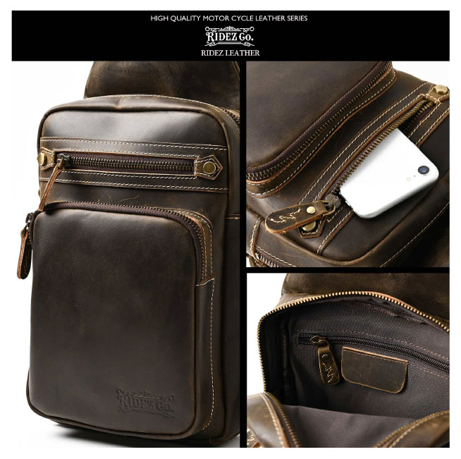 ☆【RIDEZ】RBP05 RIDEZ LEATHER CHEST BAGバイク用 ショルダーバッグ　レザー　牛...