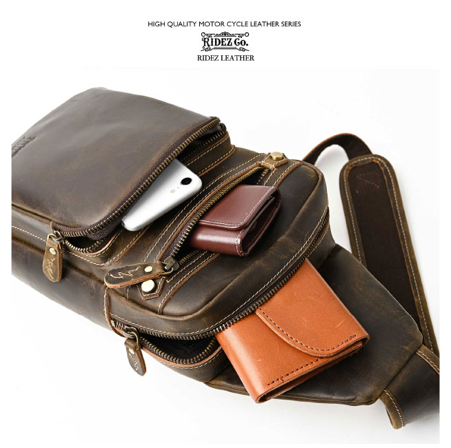 ☆【RIDEZ】RBP05 RIDEZ LEATHER CHEST BAGバイク用 ショルダーバッグ　レザー　牛...