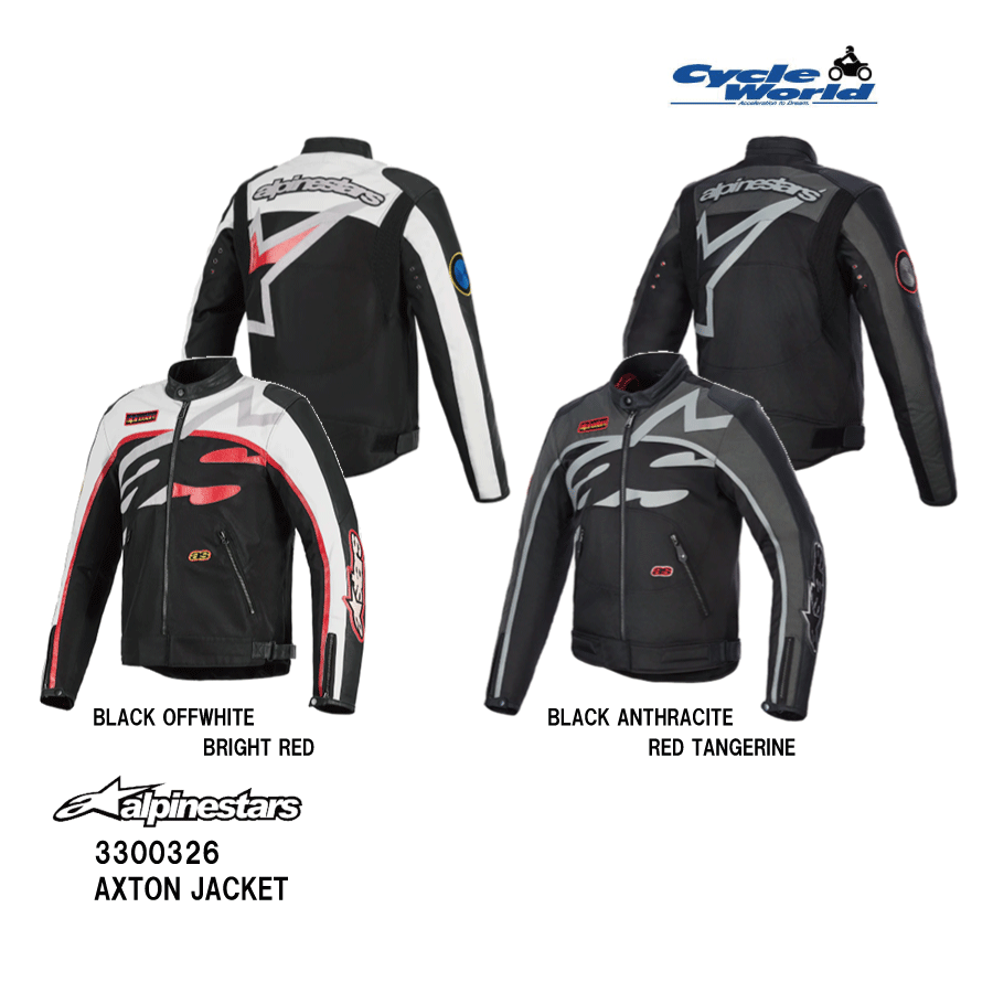◆店頭同時販売商品です◆■【商品名】alpinestars AXTON JACKET■【品番】3300326■【商品詳細】・Axtonジャケットは、アルパインスターズの伝統を受け継ぎ、ヴィンテージ風のデザインと現代の職人技を融合させ、過去、現在、未来を融合させた一着です。・このジャケットは耐水性のあるシェルで作られており、あらゆる天候に対応し、最高の快適さを提供します。・肩のアコーディオンパネルやウエストアジャスターなどの人間工学に基づいた要素が、ぴったりと快適なフィット感を提供し、Axtonジャケットはライディングにもカジュアルウェアにも理想的な選択肢となっています。・丈夫なテキスタイルシャーシにヤギ革と合成皮革のディテールを施しました。・ジャケットには必需品を安全に保管できる防水内ポケットも付いています。・肩、肘プロテクター標準装備。・胸部プロテクターは別売り。ポケットインサートタイプが適合。・脊椎プロテクターは別売り。ポケットインサートタイプが適合。※お使いのモニター設定、お部屋の照明等により実際の商品と色味が異なる場合がございます。-----------------------------------------------------------------------------------------------------■在庫・納期について■※「店頭同時販売」の為、ご注文のタイミングにより完売の場合がございます。その場合はキャンセルとさせていただきますので、ご了承頂ますようお願い致します。在庫が確保できた場合、約1～2営業日での弊社発送となります。楽天市場店でのご注文の場合、神戸店での受け渡しは一切行っておりませんのでご了承ください。※ブラウザやお使いのモニター環境により、掲載画像と実際の商品の色味が若干異なる場合があります。商品詳細画像は今シーズン展開外カラーを掲載していることがあります。掲載の価格・デザイン・仕様について、予告なく変更することがあります。あらかじめご了承ください。商品の詳細に関しましてはメーカーサイトをご確認頂ますようお願い致します。★送料・納期などの注意点につきましては必ず弊社会社概要ページの「ショップからの重要なご案内」をお読みいただき注文をお願いいたします。※【在庫限りの為、返品交換不可】の選択肢が未選択の場合は発送を中止致しますのでご了承いただきますようお願い致します。-----------------------------------------------------------------------------------------------------