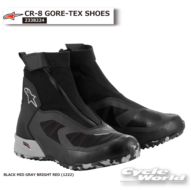 ◆2338224 CR-8 GORE-TEX SHOES◆カラー：BLACK MID GRAY BRIGHT RED (1222)・ライディング操作性とタウンユースの柔軟性を両立。・軽快、快適シューズCR-Xに透湿防水フィルムGORE-TEXを追加。・伸縮性のある防水のアウターブーティー構造。・透湿性のあるテキスタイルパネル・斜めに配置された防水ファスナー・内部ブーティーにはスピードレースの内部クロージングシステムを備えている。・最高水準の防水性と透湿性を提供します。・止水ファスナーを採用した高い防水性。・歩きやすく、ハードな使用にも対応する頼れるツーリングシューズ。-----------------------------------------------------------------------------------------------------■アルパインスターズ商品の在庫・納期について■※メーカー在庫は随時変動しており、ご注文いただくタイミングにより欠品完売の場合がございます。※イタリアに在庫がある場合、約1ヶ月から3ヶ月（商品により異なります）での入荷となります。　納期に遅延が見られる場合もございますが、アルパインスターズの商品はキャンセルをお受けできませんので、予めご了承の上ご注文をお願いいたします。※イタリアにて欠品・完売の場合はメールにて納期をお知らせし、その際にご継続またはキャンセル（商品変更お色変更など）をご相談させていただきます。　一度ご継続いただいた商品に関しましては「納期に間に合わない」などのキャンセルがお伺いできませんので、ご了承いただきご注文をお願いいたします。-----------------------------------------------------------------------------------------------------※ブラウザやお使いのモニター環境により、掲載画像と実際の商品の色味が若干異なる場合があります。商品詳細画像は今シーズン展開外カラーを掲載していることがあります。掲載の価格・デザイン・仕様について、予告なく変更することがあります。あらかじめご了承ください。商品の仕様など詳細に関しましてはメーカーサイトをご確認頂ますようお願い致します。★送料・納期などの注意点につきましては必ず弊社会社概要ページの「ショップからの重要なご案内」をお読みいただき注文をお願いいたします。-----------------------------------------------------------------------------------------------------