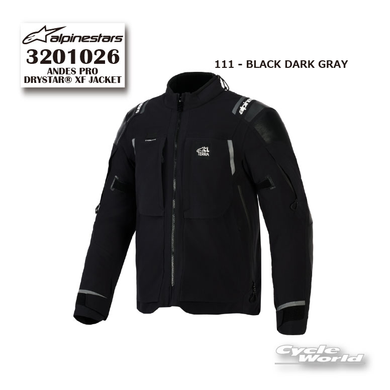 ◆ANDES PRO DRYSTAR(R) XF JACKET《3201026》 BLACK DARK GRAY (111)◆■DetailsProduct Name ANDES PRO DRYSTAR(R) XF JACKETProduct Code 3201026Composition Description 77%POLYAMIDE 19%POLYESTER 4%ELASTANELining Composition 94%POLYESTER 6%POLYAMIDEMade In BANGLADESH-----------------------------------------------------------------------------------------------------【ALPINESTARS製品 ご購入前のご案内】■ 納期について本商品はイタリア本社からのお取り寄せ商品です。在庫がある場合、ご注文確定後 約1～2ヶ月前後 が目安となります。※商品名に「あす楽対応」と記載のある商品は、弊社在庫商品となります。　各商品ページに表示されている納期をご確認ください。海外在庫は日々変動し、出荷状況や輸送状況の影響を受けるため、到着日の確定はいたしかねます。余裕をもってご検討いただけますと幸いです。なお、メーカー手配開始後のキャンセルはお受けできません。■ 商品画像・仕様について掲載画像はメーカー公式画像を使用しております。ALPINESTARS製品は、生産ロットにより素材・色味・ロゴの位置・細部仕様等が予告なく変更される場合がございます。メーカーでは、生産ロットごとに撮影画像の変更は行っておりません。一時的な仕様変更があっても元に戻る可能性があるため、都度画像の差し替えは行わない方針とのことです。そのため、生産時期により細部が異なる場合がございます。掲載画像と完全に一致しない場合がございますことを、あらかじめご了承ください。■ 写真との違いについて写真と一部仕様が異なる場合がございますが、当店商品はイタリア本社ルート仕入れの正規品です。仕様差異のみを理由に模造品と判断できるものではございません。ご不安な場合は、気になる箇所のお写真をお送りください。また、日本国内窓口「アルパインスターズジャパン」へ直接お問い合わせいただくことも可能です。■ サイズについてサイズ感には個人差がございます。足の形状やフィット感のお好みにより、着用感は異なります。ご検討の際は、お手持ちの製品との比較などを参考にご判断ください。---------------------------------------------※ブラウザやお使いのモニター環境により、掲載画像と実際の商品の色味が若干異なる場合があります。商品詳細画像は今シーズン展開外カラーを掲載していることがあります。掲載の価格・デザイン・仕様について、予告なく変更することがあります。あらかじめご了承ください。商品の詳細に関しましてはメーカーサイトをご確認頂ますようお願い致します。★送料・納期などの注意点につきましては必ず弊社会社概要ページの「ショップからの重要なご案内」をお読みいただき注文をお願いいたします。----------------------------------------------------