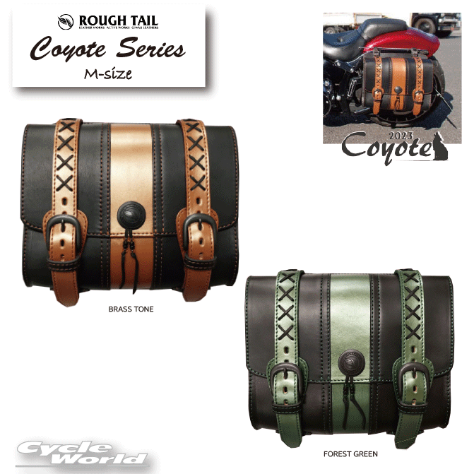 ◆Rough Tail Leather Works Original Saddle Bags◆◆COYOTE SERIES（コヨーテシリーズ）◆2023年限定生産【THE REVIVAL】LIMITED COLOR「コヨーテ」目を引く2色のカラーはアルミナムフレークを使用した特殊顔料で仕上げた「ブラストーン」＆「フォレストグリーン」再生や復活を意味する「THE REVIVAL」過去に採用され好評を得た2色をラフテールオリジナルデザインサドルバッグ「COYOTE」で復活。スリムで都会的なデザインで人気のモデル。ブラックメタルパーツ、同色縫糸、クリアビーズ等、限定品ならではの仕様を国内自社工房で仕上げた特別なサドルバッグです。※2023年12月31日までの限定生産（各種革の在庫が無くなった場合は、早期に終了いたします。）■COYOTE SERIES《M size》■スポーツスターやダイナにH270×W320×D110mm　約7Lコヨーテシリーズの魅力は薄さ。S～L共通で奥行は110mmで統一。お客様のスタイルに合わせてサイズをお選びください。本体素材：国内産牛皮 / 鹿紐 / ビーズ / 金属部品■Detail & Material■・クリアビーズは限定品の証。　ラフテールで採用されたのは初、沢山のカラーサンプルから吟味したガラス製ビーズを採用しました。・金属部品は、艶消しブラックで仕上げた「ダールメッキ」。真鍮素材にブラックメッキを施しました。　一般的なニッケルメッキに比べ定着力は弱いことが特徴で使い込むほどに地金が見えてきます。　陰影の出る経年変化は使用者の個性が出てくる、まるで皮のような金属部品です。・本体カラーに合わせた縫糸色、ミシンで製作する際の縫糸の入れ替えが手間ではありますが糸色を変える事により既存のサドルバッグにはない特別な存在感を纏います。　限定品ならではのこだわりです。・使用している牛皮は、国内有数タンナー「栃木レザー」に依頼をして製作したタンニン鞣しのスムースレザー。　サドルバッグ用に製作した油脂の多い革は、弾むような弾力が特徴です。　使い初めは硬さが気になりますが、使うほどに良く馴染み柔らかくなってきます。※こちらの商品はメーカー取り寄せとなります。在庫がある場合2～5日での入荷となりますが、在庫がない場合2週間の納期をいただく場合がございますので、ご了承いただいた上でのご注文をお願いいたします。-----------------------------------------------------------------------------------------------------※ブラウザやお使いのモニター環境により、掲載画像と実際の商品の色味が若干異なる場合があります。商品詳細画像は今シーズン展開外カラーを掲載していることがあります。掲載の価格・デザイン・仕様について、予告なく変更することがあります。あらかじめご了承ください。商品の詳細に関しましてはメーカーサイトをご確認頂ますようお願い致します。★送料・納期などの注意点につきましては必ず弊社会社概要ページの「ショップからの重要なご案内」をお読みいただき注文をお願いいたします。-----------------------------------------------------------------------------------------------------