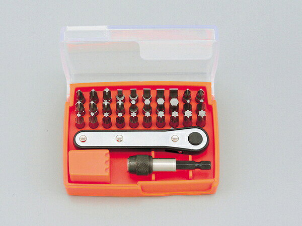 セット内容●プラスビット：#1、#2、#3●マイナスビット：4、4.5、5.5、6、6.5mm●六角ビット：3、4、5、6mm、3/32、1/8、5/32、3/16、7/32、1/4インチ●トルクスビット（ヘソ無し）サイズ：T10、15、20、　25、30、40●イジリ止めトルクスビット（ヘソ付き）サイズ：　　　TH10、15、20、25、30、40●ラチェットレンチ：全長100mm●ロック機構付きホルダー：全長40mm●収納ケース1/4インチ角のビット30種（各ビット：全長25mm）と、専用ラチェットレンチ＆ホルダーのセット。ビットホルダーは脱落防止のロック機構付き。