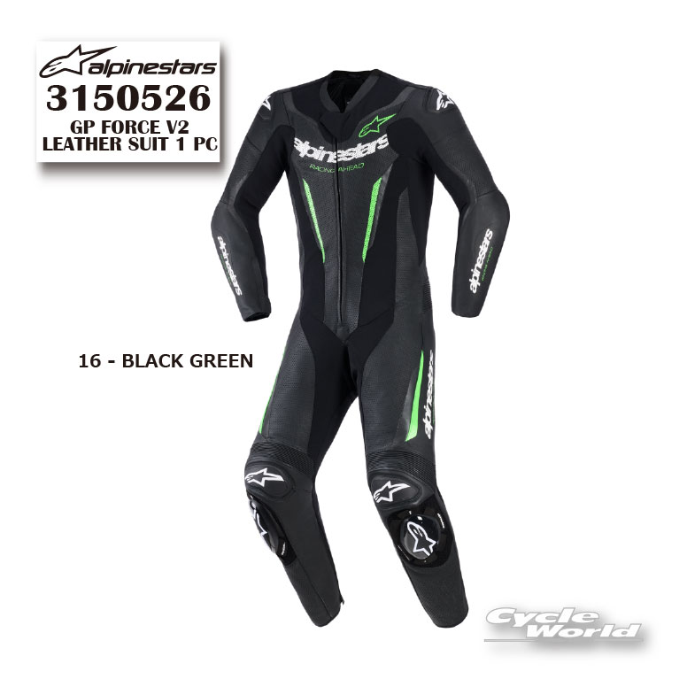 ◆ GP FORCE V2 LEATHER SUIT 1 PC《3150526》 BLACK GREEN (16)◆■DetailsProduct Name GP FORCE V2 LEATHER SUIT 1 PCProduct Code 3150526Composition Description 62%BUFFALO LEATHER 32%POLYAMIDE 4%POLYURETHANE 2%ELASTANELining Composition 88%POLYESTER 10%POLYAMIDE 2%ELASTANEMade In VIETNAM-----------------------------------------------------------------------------------------------------【ALPINESTARS製品 ご購入前のご案内】■ 納期について本商品はイタリア本社からのお取り寄せ商品です。在庫がある場合、ご注文確定後 約1～2ヶ月前後 が目安となります。※商品名に「あす楽対応」と記載のある商品は、弊社在庫商品となります。　各商品ページに表示されている納期をご確認ください。海外在庫は日々変動し、出荷状況や輸送状況の影響を受けるため、到着日の確定はいたしかねます。余裕をもってご検討いただけますと幸いです。なお、メーカー手配開始後のキャンセルはお受けできません。■ 商品画像・仕様について掲載画像はメーカー公式画像を使用しております。ALPINESTARS製品は、生産ロットにより素材・色味・ロゴの位置・細部仕様等が予告なく変更される場合がございます。メーカーでは、生産ロットごとに撮影画像の変更は行っておりません。一時的な仕様変更があっても元に戻る可能性があるため、都度画像の差し替えは行わない方針とのことです。そのため、生産時期により細部が異なる場合がございます。掲載画像と完全に一致しない場合がございますことを、あらかじめご了承ください。■ 写真との違いについて写真と一部仕様が異なる場合がございますが、当店商品はイタリア本社ルート仕入れの正規品です。仕様差異のみを理由に模造品と判断できるものではございません。ご不安な場合は、気になる箇所のお写真をお送りください。また、日本国内窓口「アルパインスターズジャパン」へ直接お問い合わせいただくことも可能です。■ サイズについてサイズ感には個人差がございます。足の形状やフィット感のお好みにより、着用感は異なります。ご検討の際は、お手持ちの製品との比較などを参考にご判断ください。---------------------------------------------※ブラウザやお使いのモニター環境により、掲載画像と実際の商品の色味が若干異なる場合があります。商品詳細画像は今シーズン展開外カラーを掲載していることがあります。掲載の価格・デザイン・仕様について、予告なく変更することがあります。あらかじめご了承ください。商品の詳細に関しましてはメーカーサイトをご確認頂ますようお願い致します。★送料・納期などの注意点につきましては必ず弊社会社概要ページの「ショップからの重要なご案内」をお読みいただき注文をお願いいたします。----------------------------------------------------