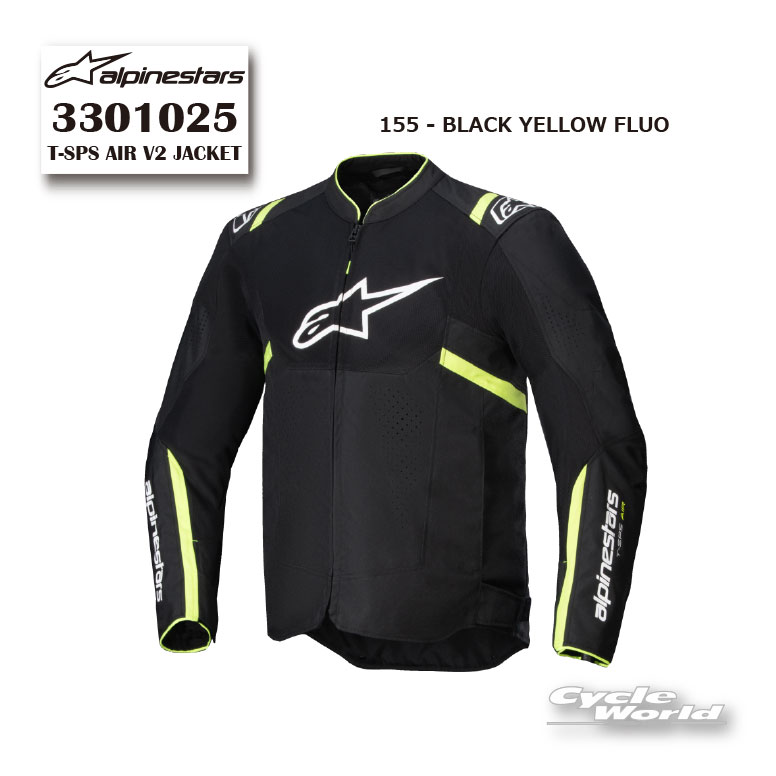 ◆T-SPS AIR V2 JACKET《3301025》 BLACK YELLOW FLUO (155)◆■DetailsProduct Name T-SPS AIR V2 JACKETProduct Code 3301025Composition Description 100%POLYESTERLining Composition 100%POLYESTERMade In BANGLADESH-----------------------------------------------------------------------------------------------------【ALPINESTARS製品 ご購入前のご案内】■ 納期について本商品はイタリア本社からのお取り寄せ商品です。在庫がある場合、ご注文確定後 約1～2ヶ月前後 が目安となります。※商品名に「あす楽対応」と記載のある商品は、弊社在庫商品となります。　各商品ページに表示されている納期をご確認ください。海外在庫は日々変動し、出荷状況や輸送状況の影響を受けるため、到着日の確定はいたしかねます。余裕をもってご検討いただけますと幸いです。なお、メーカー手配開始後のキャンセルはお受けできません。■ 商品画像・仕様について掲載画像はメーカー公式画像を使用しております。ALPINESTARS製品は、生産ロットにより素材・色味・ロゴの位置・細部仕様等が予告なく変更される場合がございます。メーカーでは、生産ロットごとに撮影画像の変更は行っておりません。一時的な仕様変更があっても元に戻る可能性があるため、都度画像の差し替えは行わない方針とのことです。そのため、生産時期により細部が異なる場合がございます。掲載画像と完全に一致しない場合がございますことを、あらかじめご了承ください。■ 写真との違いについて写真と一部仕様が異なる場合がございますが、当店商品はイタリア本社ルート仕入れの正規品です。仕様差異のみを理由に模造品と判断できるものではございません。ご不安な場合は、気になる箇所のお写真をお送りください。また、日本国内窓口「アルパインスターズジャパン」へ直接お問い合わせいただくことも可能です。■ サイズについてサイズ感には個人差がございます。足の形状やフィット感のお好みにより、着用感は異なります。ご検討の際は、お手持ちの製品との比較などを参考にご判断ください。---------------------------------------------※ブラウザやお使いのモニター環境により、掲載画像と実際の商品の色味が若干異なる場合があります。商品詳細画像は今シーズン展開外カラーを掲載していることがあります。掲載の価格・デザイン・仕様について、予告なく変更することがあります。あらかじめご了承ください。商品の詳細に関しましてはメーカーサイトをご確認頂ますようお願い致します。★送料・納期などの注意点につきましては必ず弊社会社概要ページの「ショップからの重要なご案内」をお読みいただき注文をお願いいたします。----------------------------------------------------