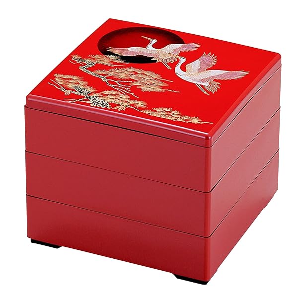 3段重箱 6.5寸重 朱 日の出鶴(内黒) H-154-6-A