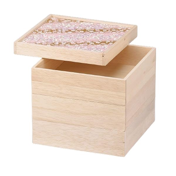 J-kitchens 重箱 3段 木製 6.5寸 富貴和 紙 貼 お重箱 福桜 20.2cm x 20.2cm x 19.0cm 日本製
