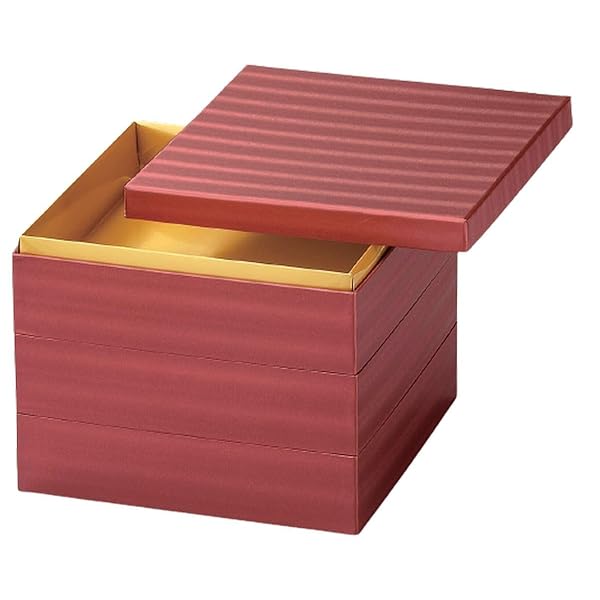 J-kitchens 重箱 日本製 3段 7寸 和 紙 小波赤 22.0cm x 22.0cm x 17.6cm