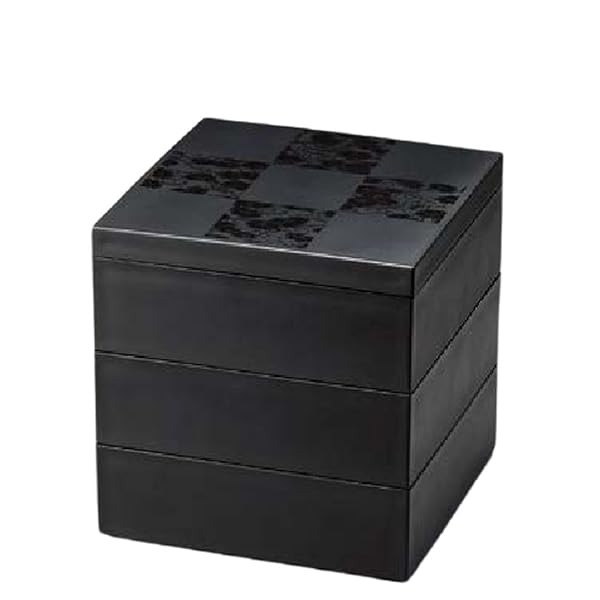 J-kitchens 御節重箱 日本製 彩雲市松 50三段重 黒 （1組) 15cm モダン