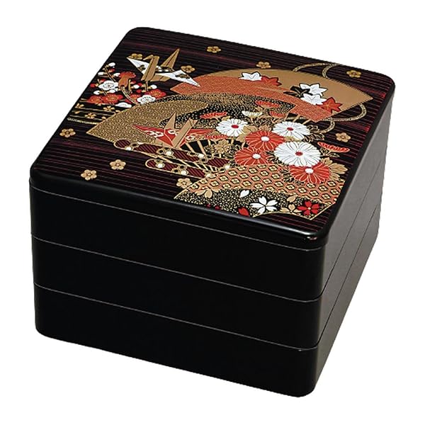 J-kitchens 御節重箱 日本製 3段 8寸 黒扇面 24.1cm x 24.1cm x 17.4cm