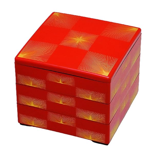 J-kitchens 御節重箱 日本製 3段 7寸 彩 朱 松葉市松 21.0cm x 21.0cm x 16.5cm