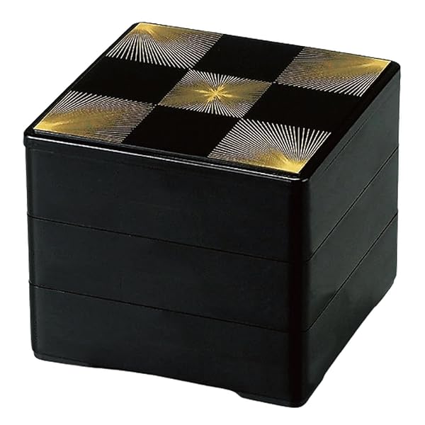 J-kitchens 日本製 重箱 3段 4.5寸 彩 黒松葉市松 13.4cm x 13.4cm x 12.7cm