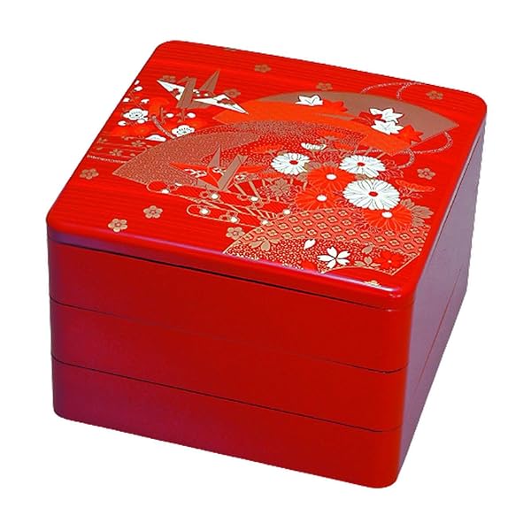 J-kitchens 日本製 重箱 3段 8寸 朱扇面 24.1cm x 24.1cm x 17.4cm