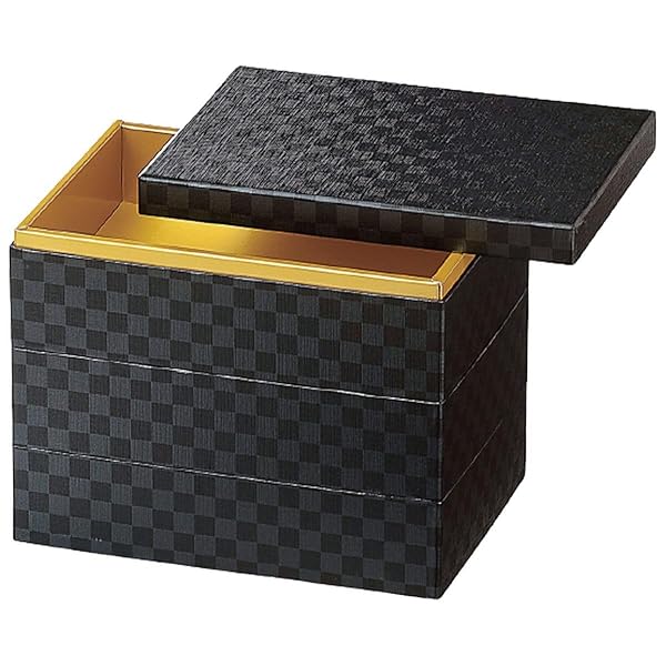 J-kitchens 日本製 重箱 3段 7寸 長角 紙 重ブラック市松 20.5cm x 14.5cm x 16.8cm