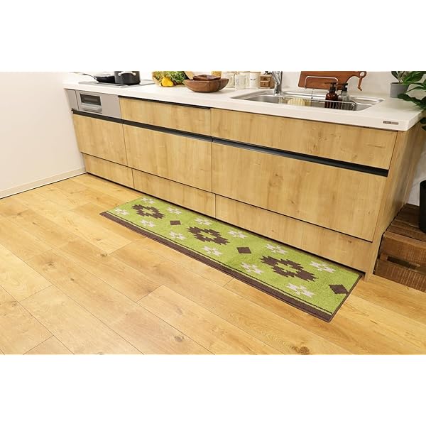 キッチンマット 幅45cm×長さ180cm×高さ1cm グリーン キリム ズレにくい 床暖房対応 洗濯しやすい ズレSTRONG